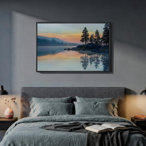 Framed Sunset Mountain Lake Landscape Wall Art Horizontal Canvas Print for Living Room