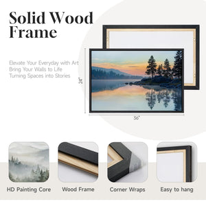 Framed Sunset Mountain Lake Landscape Wall Art Horizontal Canvas Print for Living Room