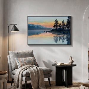 Framed Sunset Mountain Lake Landscape Wall Art Horizontal Canvas Print for Living Room
