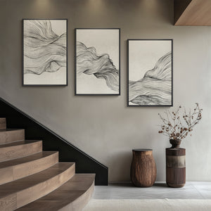Large Framed Neutral Abstract Wall Art, 3 Piece Set in Black and Beige