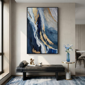 Extra Large Framed Blue Abstract Wall Art for Living Room, 40x60 Oversized Blue and Gold