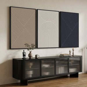 Neutral Abstract Wall Art, Large Framed 3 Piece Set in Beige and Deep Blue