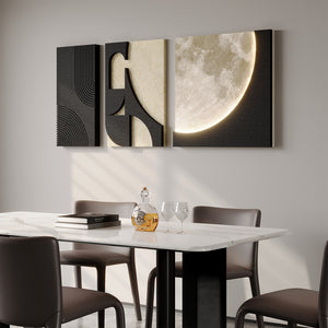 3D Textured Moon Wall Art with LED Lights, Black and White 3 Piece Set