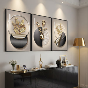 Large Framed Modern Elegant Wall Art for Living Room, 3 Piece Black and Gold Set