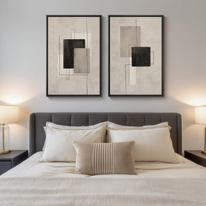 Large Framed Neutral Abstract Wall Art for Living Room, Set of 2 in Black and Beige