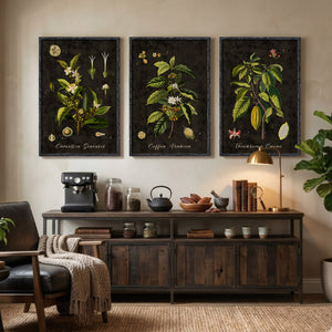 Large Vintage Framed Botanical Wall Art for Living Room, 3 Piece Dark Green Plant Set