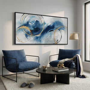 Extra Large Framed Navy Blue Abstract Wall Art, Oversized Horizontal Canvas