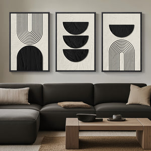Framed Boho Wall Art for Living Room, Large 3 Piece Neutral Geometric Set
