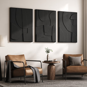 3D Textured Black Abstract Wall Art, Large Framed 3 Piece Set for Living Room