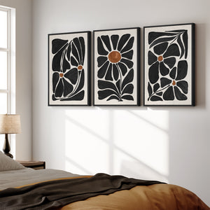 Large Framed Boho Floral Wall Art for Living Room, 3 Piece Set