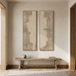 Long Narrow Framed Neutral Abstract Vertical Wall Art, Oversized Set of 2