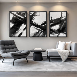 Large Framed Minimalist Brushstroke Wall Art, 3 Piece Set in Black and White