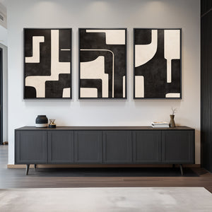 Large Framed Neutral Abstract Wall Art for Living Room, 3 Piece Black Beige Set