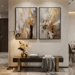 Large Framed Neutral Abstract Wall Art, 2 Piece Beige Gold Set for Living Room