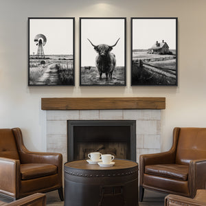 Framed Highland Cow Wall Art Set of 3, Black and White Farmhouse Decor