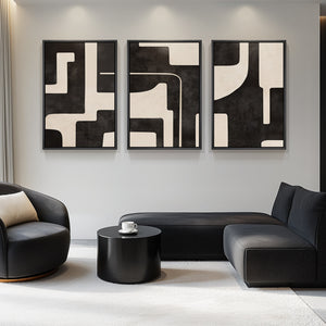 Large Framed Neutral Abstract Wall Art for Living Room, 3 Piece Black Beige Set