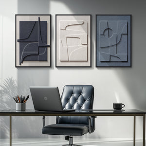 3D Textured Blue and White Abstract Wall Art, Framed 3 Piece Set for Living Room