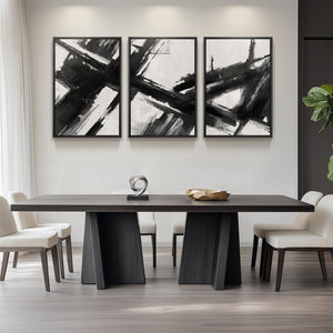 Large Framed Minimalist Brushstroke Wall Art, 3 Piece Set in Black and White