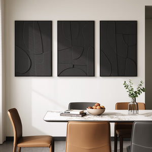 3D Textured Black Abstract Wall Art, Large Framed 3 Piece Set for Living Room