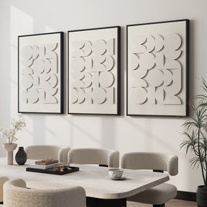 Large Framed White Abstract Wall Art, 3D Textured Geometric Set of 3
