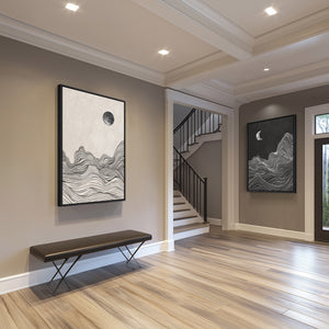 Large Framed Mountain and Moon Wall Art, Set of 2 in Black and White