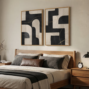 Large Framed Modern Neutral Abstract Wall Art, Set of 2 in Black and Beige