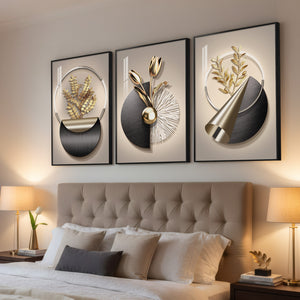 Large Framed Modern Elegant Wall Art for Living Room, 3 Piece Black and Gold Set