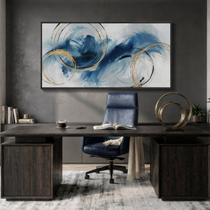 Extra Large Framed Navy Blue Abstract Wall Art, Oversized Horizontal Canvas