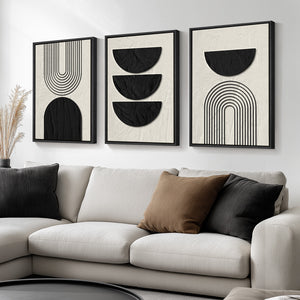 Framed Boho Wall Art for Living Room, Large 3 Piece Neutral Geometric Set