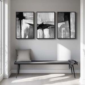 Large Framed Black and White Gray Abstract Wall Art
