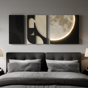 3D Textured Moon Wall Art with LED Lights, Black and White 3 Piece Set