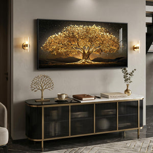 Large Framed Contemporary Black and Gold Tree of Life Modern Luxury Wall Art for Living Room