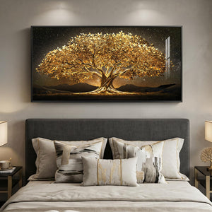 Large Framed Contemporary Black and Gold Tree of Life Modern Luxury Wall Art for Living Room