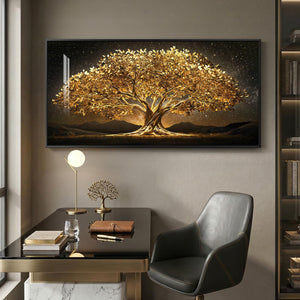 Large Framed Contemporary Black and Gold Tree of Life Modern Luxury Wall Art for Living Room
