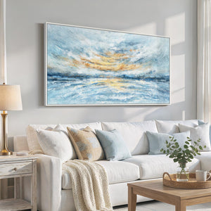Large Framed Coastal Abstract Wall Art Blue and Gold Canvas Prints for Living Room