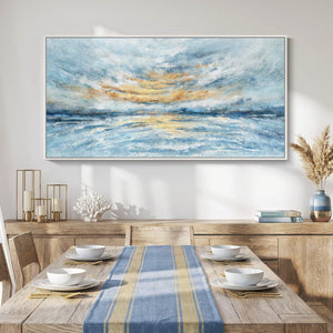 Large Framed Coastal Abstract Wall Art Blue and Gold Canvas Prints for Living Room