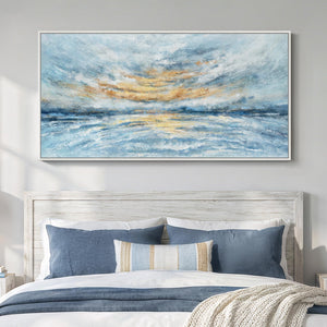Large Framed Coastal Abstract Wall Art Blue and Gold Canvas Prints for Living Room