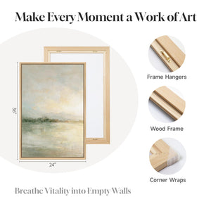 Framed Sage Green Abstract Landscape Wall Art for Living Room, Neutral lake scenic