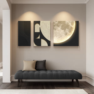 3D Textured Moon Wall Art with LED Lights, Black and White 3 Piece Set