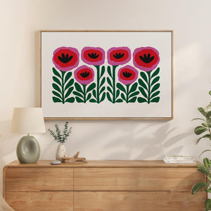 Large Framed Botanical Pink Boho Floral Wall Art Abstract Flower Painting for Dining Room