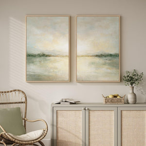 Framed Sage Green Abstract Landscape Wall Art for Living Room, Neutral lake scenic