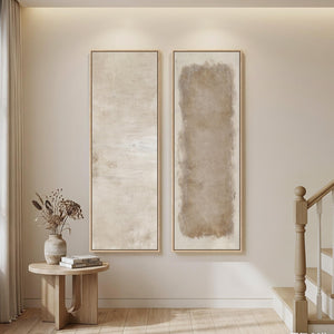 Large Framed Beige Cream Abstract Vertical Wall Art for Hallway, 2 Piece