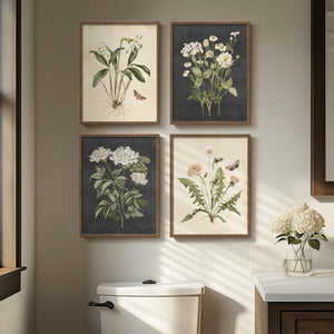 Framed Vintage Botanical Floral Wall Art for Bathroom, 4 Piece