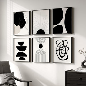 Framed Black and White Modern Abstract Wall Art for Living Room, 6 Pieces