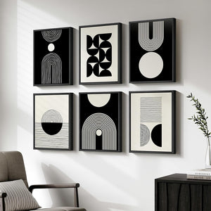 Framed Modern Abstract Black and White Boho Geometric Wall Art for Living Room Set of 6
