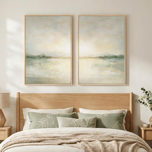 Framed Sage Green Abstract Landscape Wall Art for Living Room, Neutral lake scenic