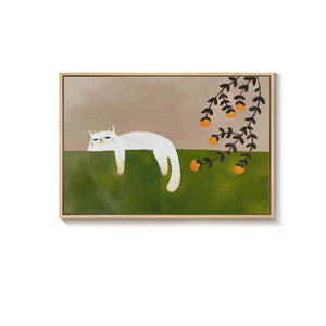 Large Framed Cozy Cat Neutral Green Canvas Wall Art Bedroom