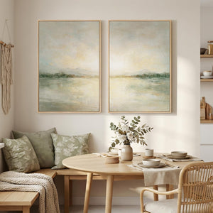 Framed Sage Green Abstract Landscape Wall Art for Living Room, Neutral lake scenic