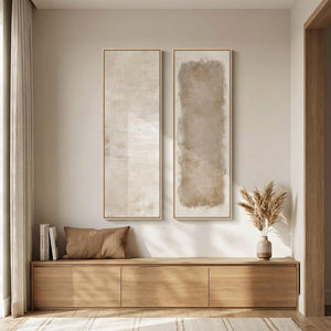 Large Framed Beige Cream Abstract Vertical Wall Art for Hallway, 2 Piece