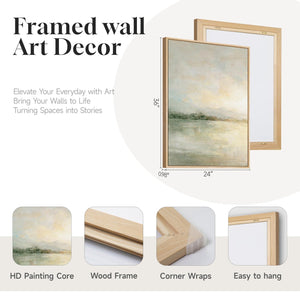 Framed Sage Green Abstract Landscape Wall Art for Living Room, Neutral lake scenic